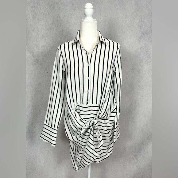 White and black strip button down long sleeve shirt wrap dress linen - Picture 12 of 13